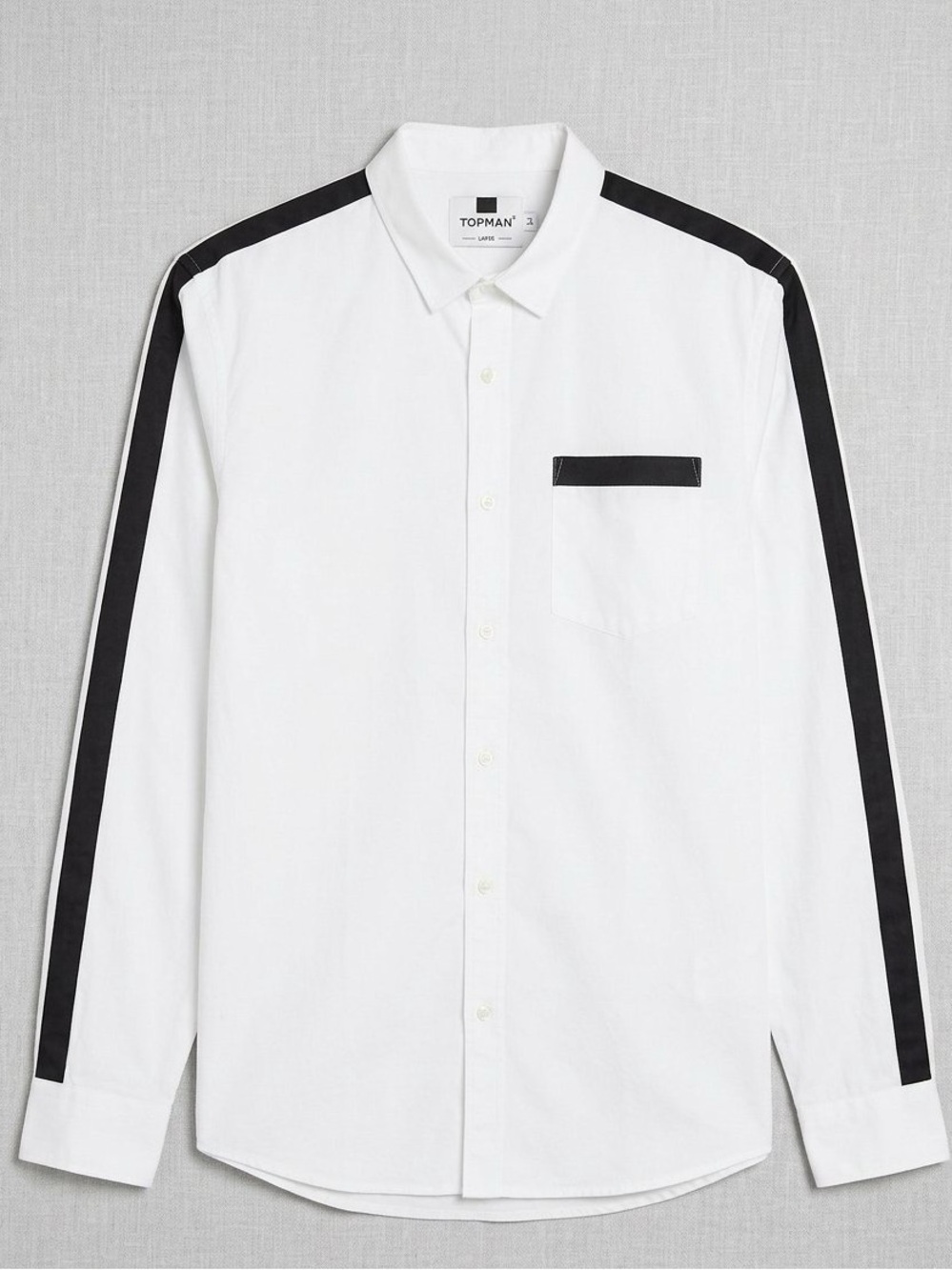 Topman White Long-Sleeve Button-Down Shirt with Black Striped Sleeves - Large